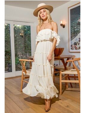 Lulu’s Chance For Us Ivory Off-the-Shoulder Ruffled Maxi Dress